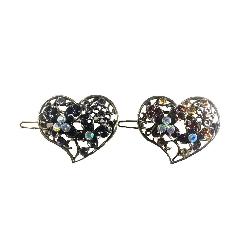 Hair Barrettes Heart Shape Red Black Rhinestones Small Lot Of 2 Romance Love